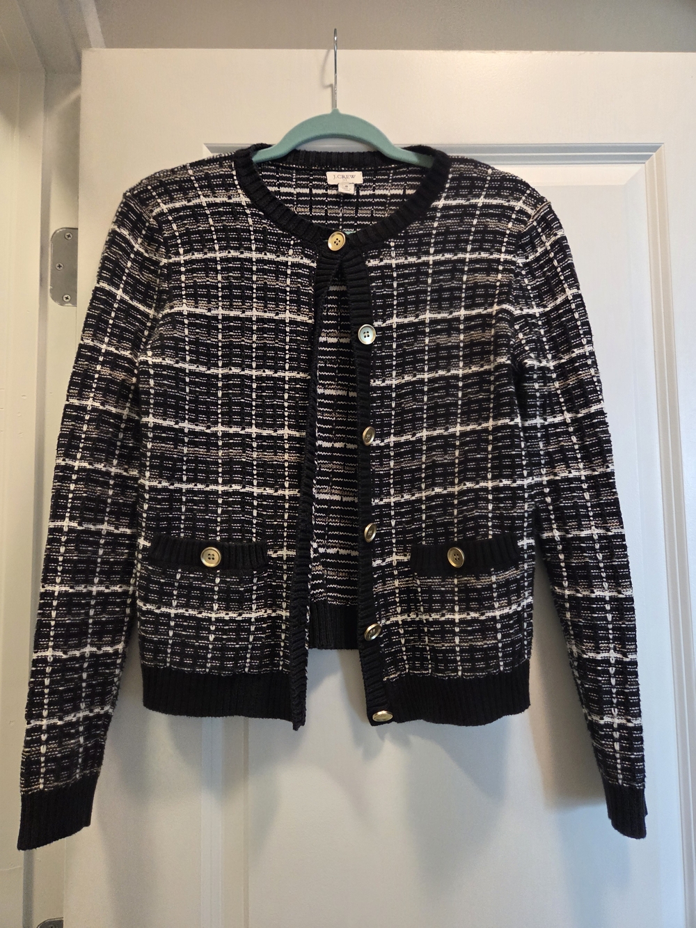 J.Crew Black White Plaid Cotton Cardigan Sweater Small
